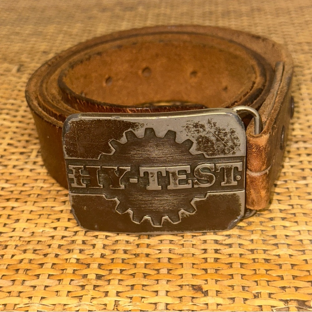 Vintage HY-TEST Solid Brass Belt Buckle Mens 52 Belt Brown Trucker Made in USA